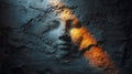 Mysterious sculpted face embedded in textured stone wall illuminated by dramatic warm and cool lighting creating an eerie and Royalty Free Stock Photo