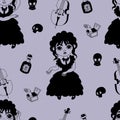 Mysterious seamless pattern with dancing girl wednesday on purple background with hand thing, skulls, rum and cello