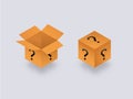 Mysterious secret box open and closed isometry. Cube packaging with yellow question marks.