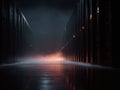 Mysterious server room corridor shrouded in fog, illuminated by warm light. Evokes themes of technology, data, security, and Royalty Free Stock Photo