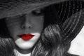 Mysterious woman in black hat. Red lips. Royalty Free Stock Photo