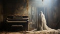 Mysterious shrouded figure covered in sheer garment standing next to an old dusty piano in an abandoned house