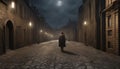 Mysterious silhouette of a man walking in an old street at night Royalty Free Stock Photo