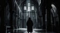 Mysterious silhouette of woman walking in the dark hall of cathedral