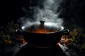 Mysterious simmer Steam rises from a pot in a dark logo