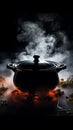 Mysterious simmer Steam rises from a pot in a dark logo