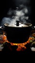 Mysterious simmer Steam rises from a pot in a dark logo