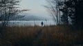 Mysterious Solo Hiker In Enchanting Foggy Landscape