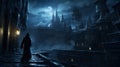 Mysterious Sorceress Sneaking In Dark Castle City Wallpaper