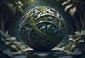 Mysterious Spherical Object with Complex Green Pattern Resembling Vines and Leaves in a Forest, Generative AI