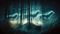 Mysterious spirit wolves from the astral dimension manifesting in the dark misty forest. Generative AI