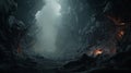 Mysterious and spooky cave featuring rocky walls and tall trees, AI-generated.