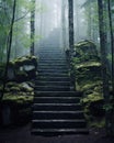 Mysterious staircase in the woods. Stone steps leading up and fading into the mist. Summer forest in hazy light. Generative AI Royalty Free Stock Photo