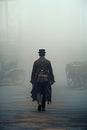 mysterious steampunk man walking down a Edwardian era street in the fog.