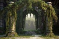 mysterious stone archway with hanging vines