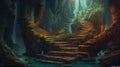 Mysterious Stone Cave Stairs Leading to Fabled Depths. Fantasy Background Illustration for Posters and Web.