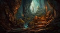 Mysterious Stone Cave Stairs Leading to Fabled Depths. Fantasy Background Illustration for Posters and Web.