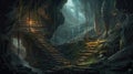 Mysterious Stone Cave Stairs Leading to Fabled Depths. Fantasy Background Illustration for Posters and Web.