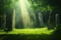 Mysterious stone circle in sunlit forest with ancient monoliths Royalty Free Stock Photo