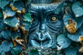 Mysterious Stone Face Sculpture Hidden in Verdant Leaves, Artistic Enigmatic Visage, Nature and Art Fusion