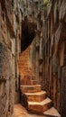 Mysterious stone steps ascending through tight rock formations, with moss and lichen adding texture, evoking a sense of Royalty Free Stock Photo