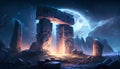 Mysterious stone temple at night with full moon. Fantasy landscape.