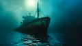 Mysterious sunken ship in underwater silence