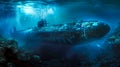 Mysterious sunken submarine in underwater seascape