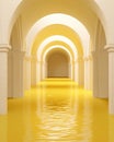mysterious and tranquil underground scene with arched passageways and corridors, featuring water on the floor Royalty Free Stock Photo