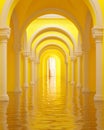 mysterious and tranquil underground scene with arched passageways and corridors, featuring water on the floor Royalty Free Stock Photo