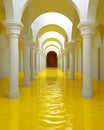 mysterious and tranquil underground scene with arched passageways and corridors, featuring water on the floor Royalty Free Stock Photo