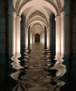 mysterious and tranquil underground scene with arched passageways and corridors, featuring water on the floor Royalty Free Stock Photo