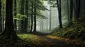 A mysterious and tranquil view of a quiet fog shrouded forest with green trees and mist Royalty Free Stock Photo