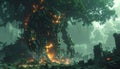 Mysterious Tree with Fire in Forest Royalty Free Stock Photo