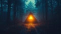 Mysterious, triangular structure glowing with an orange light in a fog-filled forest Royalty Free Stock Photo