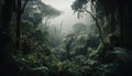 Mysterious tropical rainforest, dark and spooky, full of adventure and beauty generated by AI