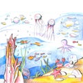 Mysterious undersea world. Drawing with colored pencils for children