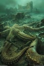 Mysterious Underwater Scene with Ancient Ruins and Giant Octopus Tentacles Surreal Ocean Artwork