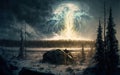 Unexplained Tunguska event in taiga, fantasy illustration. Generative AI