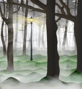 Mysterious urban park with a lot of tree trunks inside the clouds of grey and white fog. Lamp post shining up road