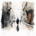 Mysterious Urban Street: Abstract Watercolor Painting Inspired By Florian Nicolle