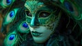 Mysterious Venetian Masquerade, Green and Gold Mask with Peacock Feathers. Elegant Carnival Attire and Accessories Royalty Free Stock Photo