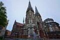 Mysterious view of ancient Saint Nicholas Roman Catholic Cathedral House of Organ Music. Spring in Kyiv, Ukraine