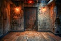 Mysterious Vintage Corridor with Grungy Walls and Wooden Floor Leading to Exit Sign - Atmospheric Urban Setting Royalty Free Stock Photo