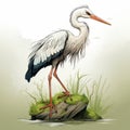 Mysterious White Heron Standing On Rocks - Detailed Character Design