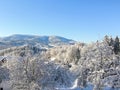 Mysterious winter landscape majestic mountains in winter. Magical winter snow covered tree. Winter road in the mountains. In antic