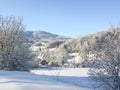 Mysterious winter landscape majestic mountains in winter. Magical winter snow covered tree. Winter road in the mountains. In antic