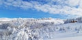 Mysterious winter landscape majestic mountains in winter. Magical winter snow covered tree. Winter road in the mountains. In Royalty Free Stock Photo