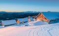 Mysterious winter landscape majestic mountains in winter. Magical winter snow covered tree. Winter road in the mountains Royalty Free Stock Photo