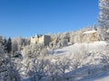 Mysterious winter landscape majestic mountains in winter. Magical winter snow covered tree. Winter road in the mountains. In antic Royalty Free Stock Photo